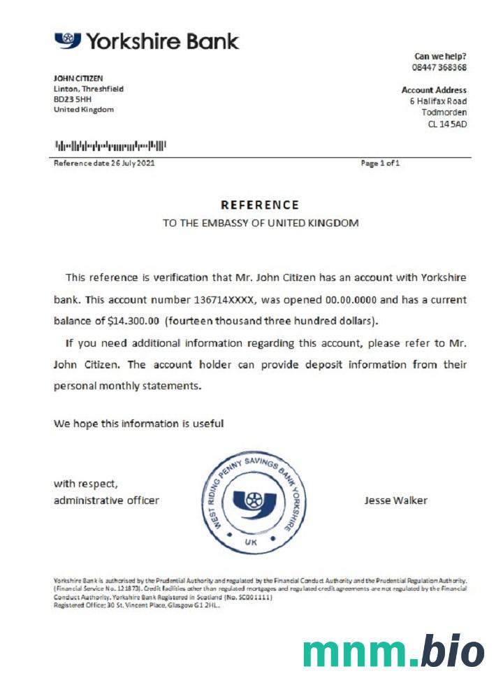 Przykład odniesienia do banku w Wielkiej Brytanii w formacie Word i PDF